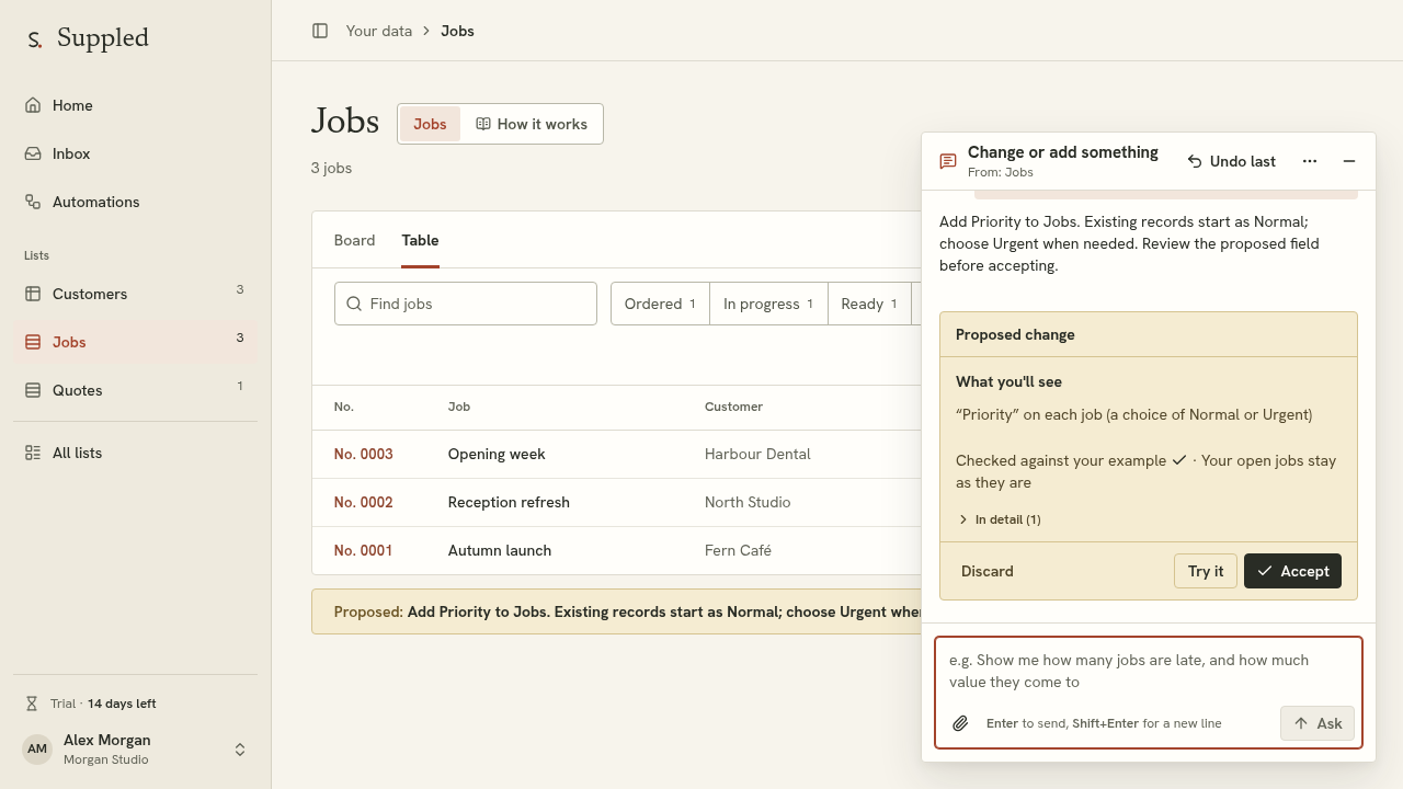 Inspect the proposal in the configured Suppled example
